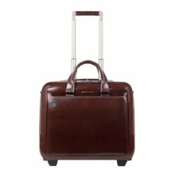 Piquadro Black Square Briefcase With Wheels 2 Compartments Brown
